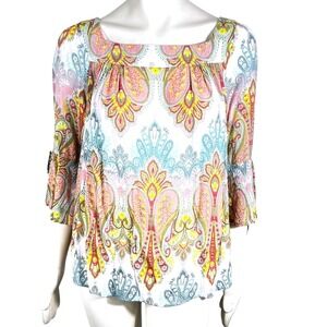 Sharagano Blouse Top L Square Neckline 3/4 Sleeve Ties Multicolor Boho‎ Casual